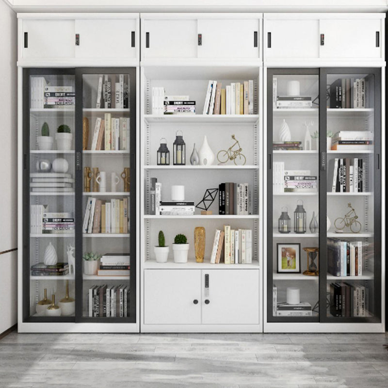 14.9" Wide Whit Bookcase Modern Stainless Steel and Glass Book Shelf With Doors