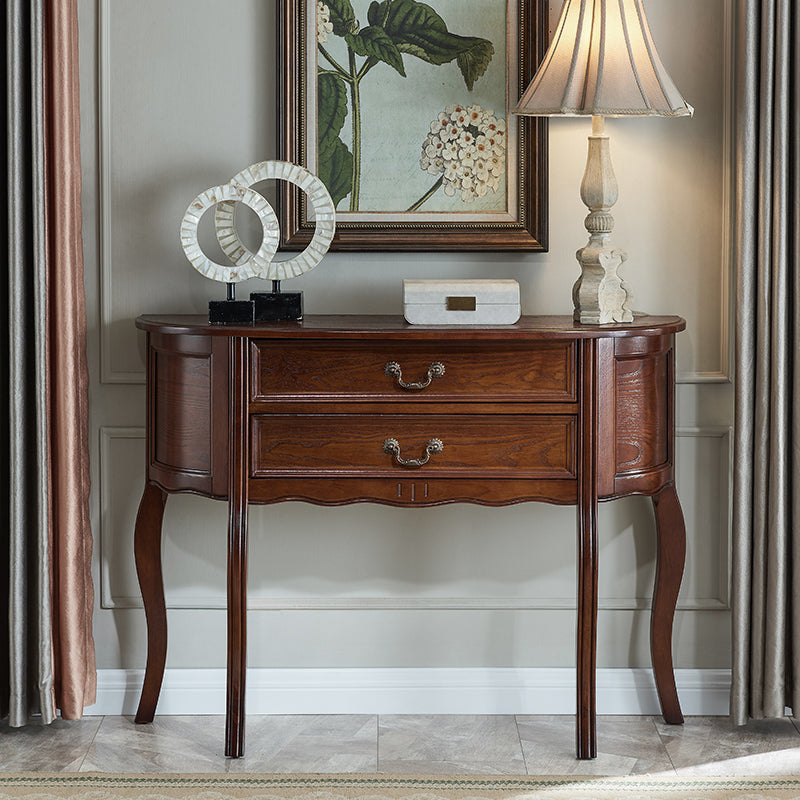 Mid-Century Modern 2-Drawer 4 Legs Rubbered Wood Half Moon Console 39"L x 14"W x 35"H Walnut Clearhalo 'Console Tables' 'console_tables' 'Entry & Mudroom Furniture' 'furn' 'furn_console_tables' 'Furniture' 5554753