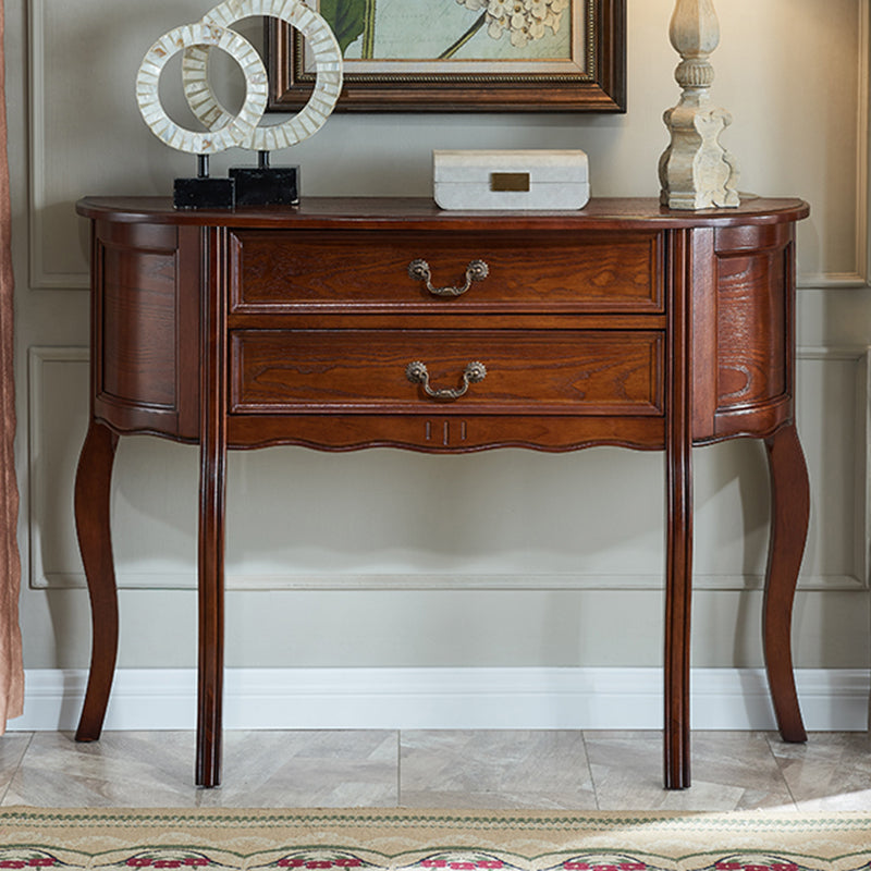 Mid-Century Modern 2-Drawer 4 Legs Rubbered Wood Half Moon Console 47"L x 14"W x 35"H Walnut Clearhalo 'Console Tables' 'console_tables' 'Entry & Mudroom Furniture' 'furn' 'furn_console_tables' 'Furniture' 5554755
