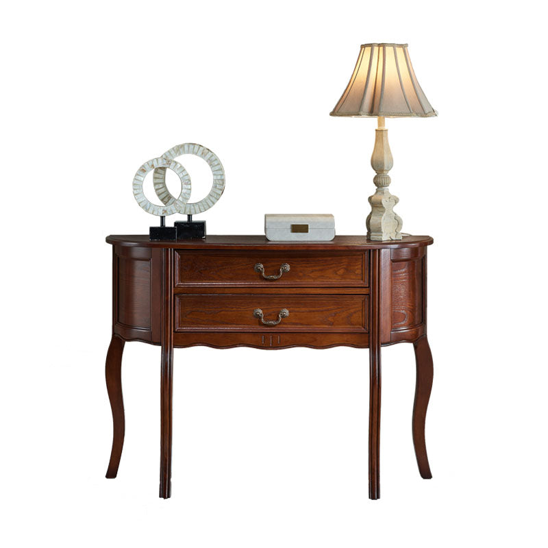 Mid-Century Modern 2-Drawer 4 Legs Rubbered Wood Half Moon Console 31.5"L x 13.8"W x 34.6"H Walnut Clearhalo 'Console Tables' 'console_tables' 'Entry & Mudroom Furniture' 'furn' 'furn_console_tables' 'Furniture' 5554756