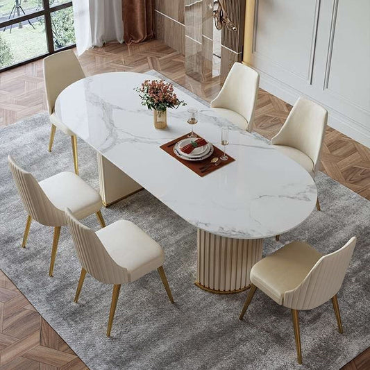 White Stone Dining Table Modern Oval or Free Form White Dining Table with Double Pedestal