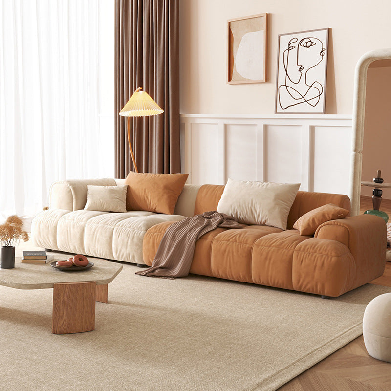 Recessed Arm Sofa & Chaise Orange/beige Velvet Sofa - 24.8" H