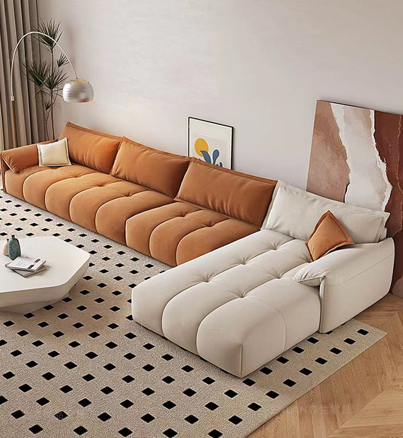 Tufted Loose Back Sofa with Chaise Nordic Pillow Top Arm Sofa in Orange and White Clearhalo 'furn' 'furn_sectionals' 'Furniture' 'Living Room Furniture' 'Sectionals' 5566286