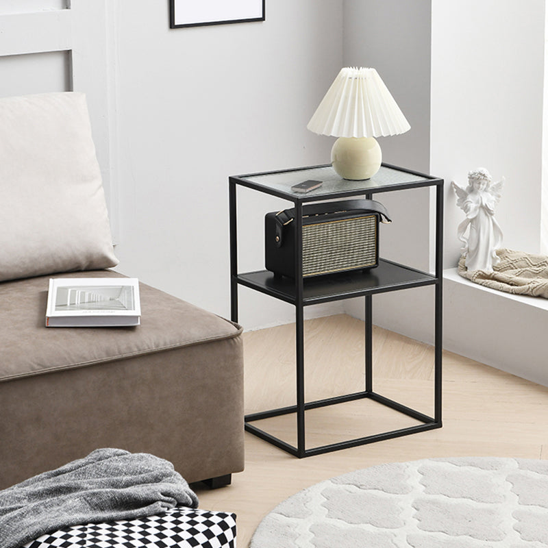 Modern 15.7-inch Rectangular Glass Top Side Table Iron Frame End Table with Shelf