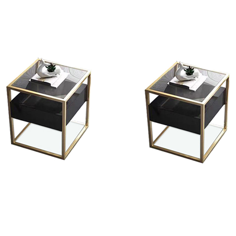 21.2" Tall Modern Rectangular Glass Top Side Table Iron Frame End Table with Storage