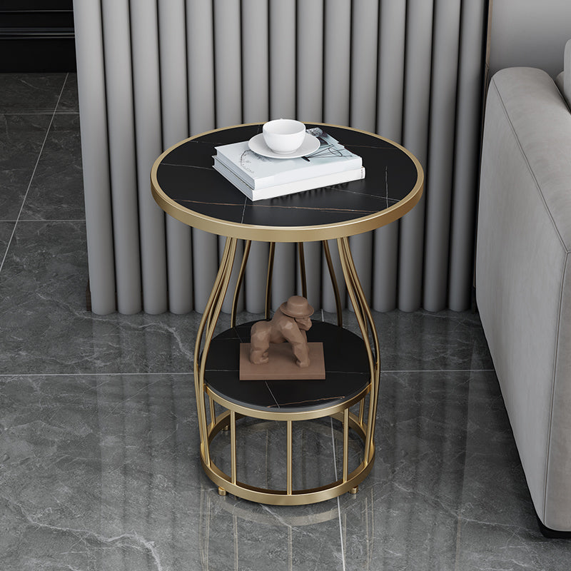 Contemporary Stone Top End Table Dia 19.69" Frame Shelf Included Side Table Gold Black Gold 1 Clearhalo 'Coffee & Accent Tables' 'End & Side Tables' 'end_side_tables' 'furn' 'furn_end_side_tables' 'Furniture' 'Living Room Furniture' 5567734