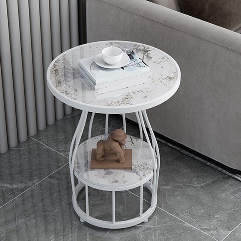 Contemporary Stone Top End Table Dia 19.69" Frame Shelf Included Side Table White White Grey 1 Clearhalo 'Coffee & Accent Tables' 'End & Side Tables' 'end_side_tables' 'furn' 'furn_end_side_tables' 'Furniture' 'Living Room Furniture' 5567740