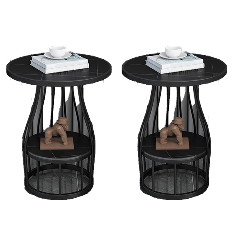 Contemporary Stone Top End Table Dia 19.69" Frame Shelf Included Side Table Black Black Gold 2 Clearhalo 'Coffee & Accent Tables' 'End & Side Tables' 'end_side_tables' 'furn' 'furn_end_side_tables' 'Furniture' 'Living Room Furniture' 5567741
