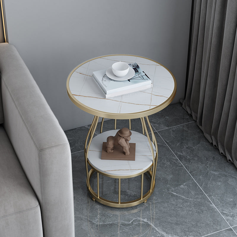 Contemporary Stone Top End Table Dia 19.69" Frame Shelf Included Side Table Gold White Gold 1 Clearhalo 'Coffee & Accent Tables' 'End & Side Tables' 'end_side_tables' 'furn' 'furn_end_side_tables' 'Furniture' 'Living Room Furniture' 5567747