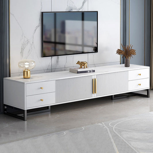 TV in legno in stile glam con console TV in stoccaggio chiuso con cassetti e porte