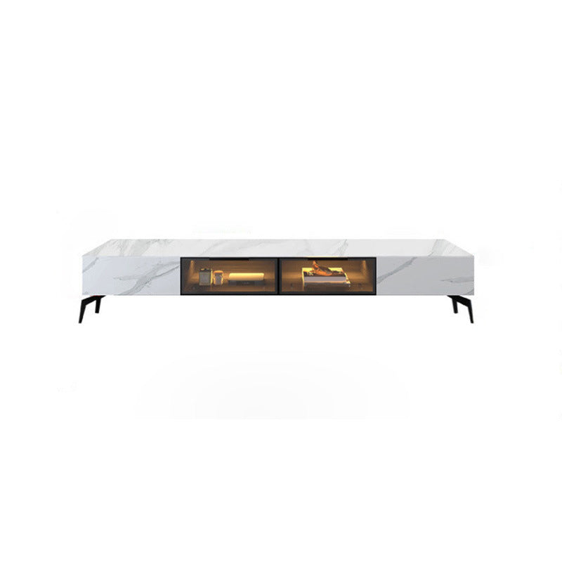 Moderne leistenen tv-standaard, witte tv-console met gesloten opbergruimte en sensorlicht