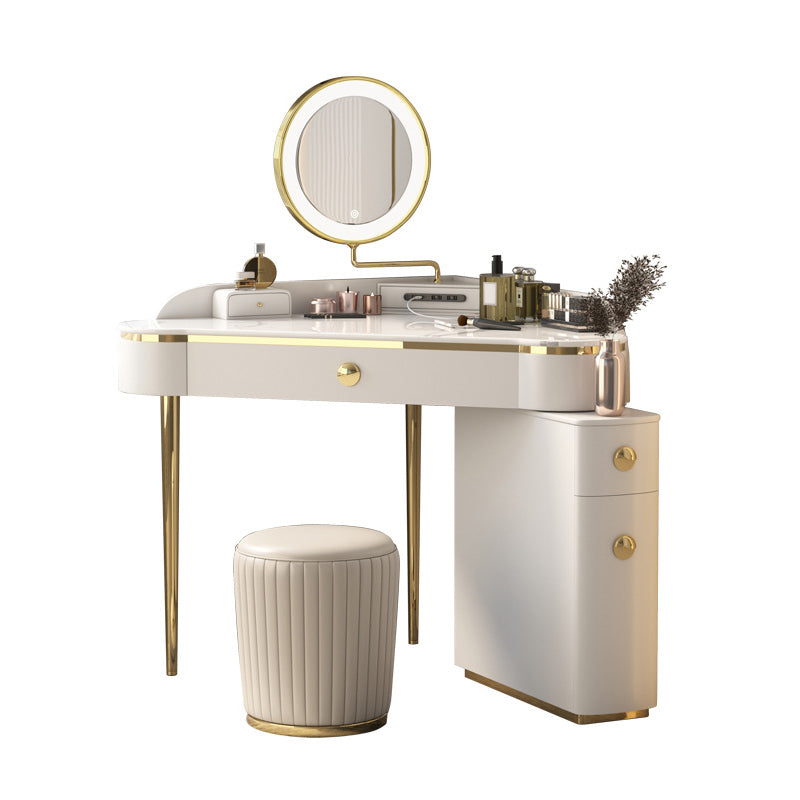 Glam Style Rock Slab Vanity with 3 Drawers White/pink Metal Base Makeup Vanity & Mirror & Stools White Clearhalo 'Bedroom Furniture' 'furn' 'furn_makeup_vanities' 'Furniture' 'Makeup Vanities' 'makeup_vanities' 5568609