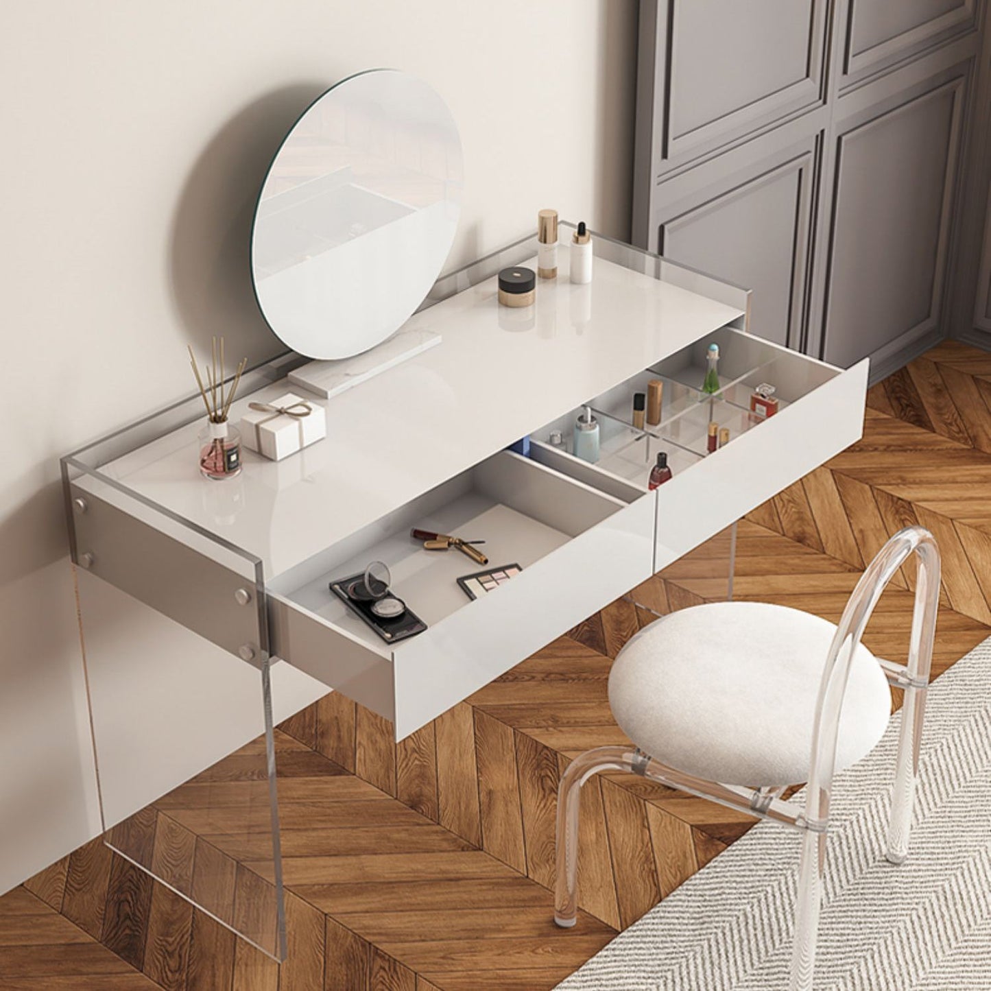 Glam Style Acrylic White Slate Table Top Transparent Base with 2 Drawer Dresser