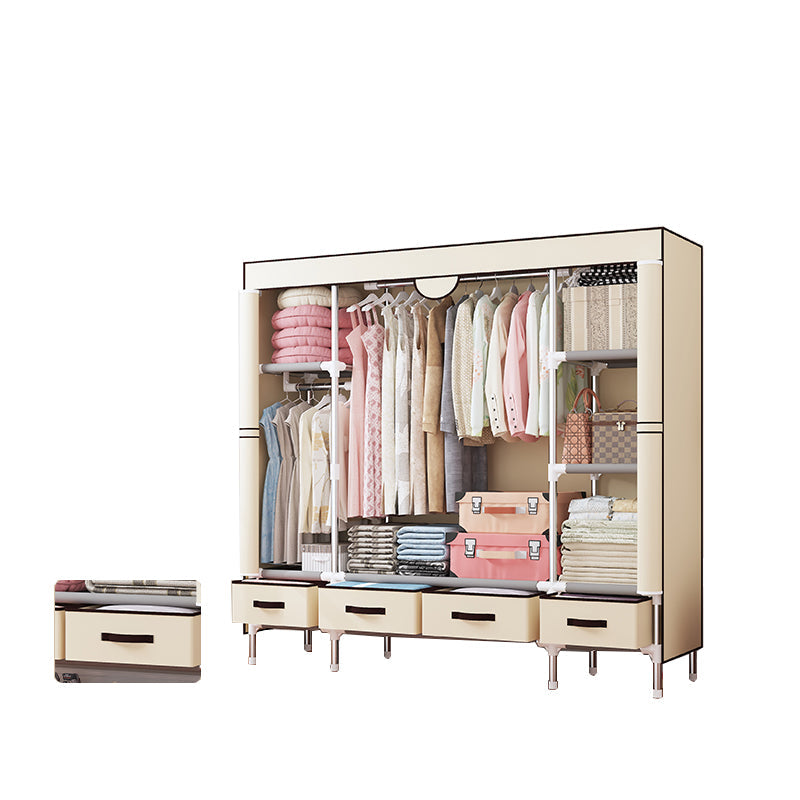 Modern Bedroom Wardrobe Armoire Steel Frame Wardrobe with Drawers 59"L x 18"W x 67"H Beige Clearhalo 'Armoires & Wardrobes' 'armoires_wardrobes' 'Bedroom Furniture' 'furn' 'furn_armoires_wardrobes' 'Furniture' 5570245