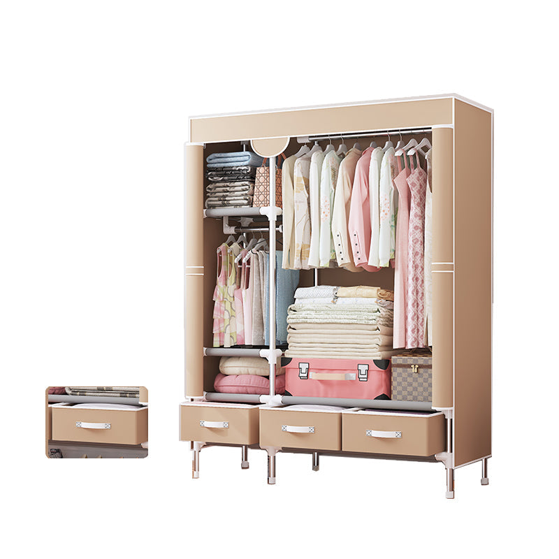 Modern Bedroom Wardrobe Armoire Steel Frame Wardrobe with Drawers 44"L x 18"W x 67"H Coffee Clearhalo 'Armoires & Wardrobes' 'armoires_wardrobes' 'Bedroom Furniture' 'furn' 'furn_armoires_wardrobes' 'Furniture' 5570250
