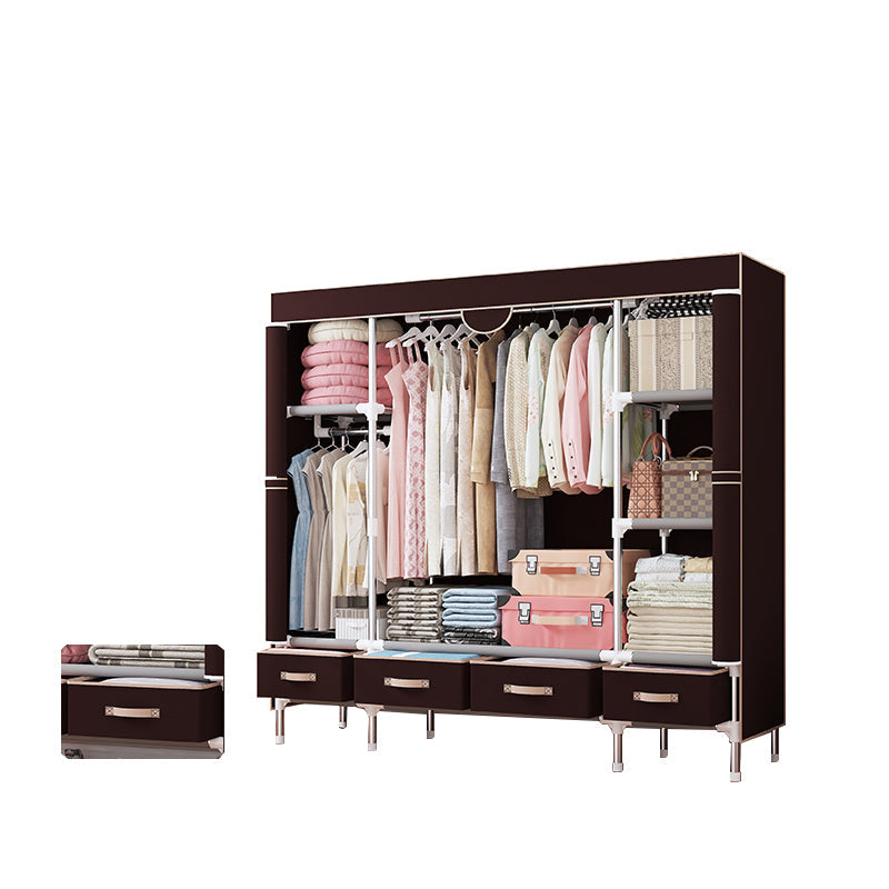 Modern Bedroom Wardrobe Armoire Steel Frame Wardrobe with Drawers 59"L x 18"W x 67"H Dark Coffee Clearhalo 'Armoires & Wardrobes' 'armoires_wardrobes' 'Bedroom Furniture' 'furn' 'furn_armoires_wardrobes' 'Furniture' 5570255
