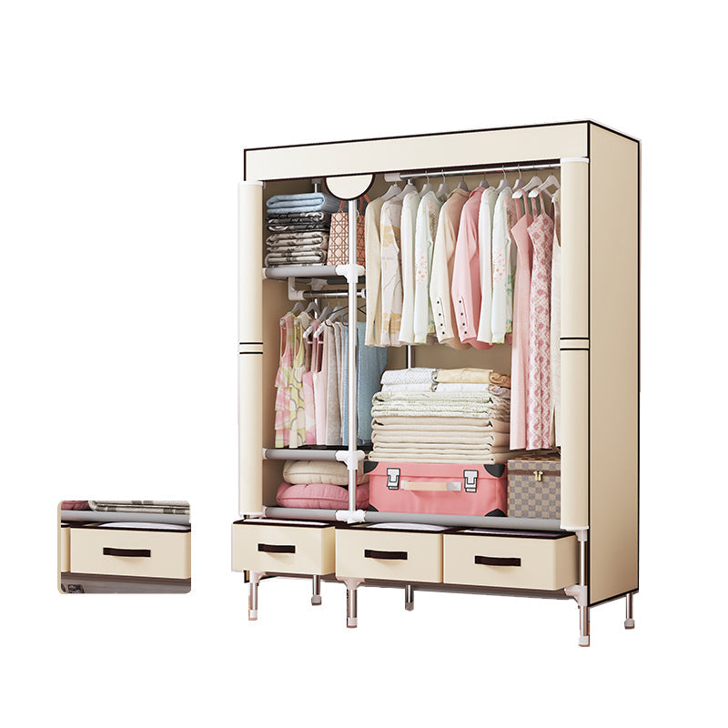 Modern Bedroom Wardrobe Armoire Steel Frame Wardrobe with Drawers 44"L x 18"W x 67"H Beige Clearhalo 'Armoires & Wardrobes' 'armoires_wardrobes' 'Bedroom Furniture' 'furn' 'furn_armoires_wardrobes' 'Furniture' 5570260