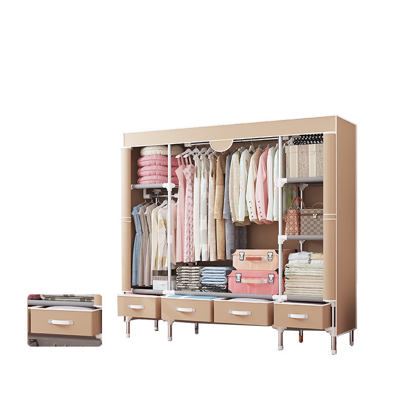 Modern Bedroom Wardrobe Armoire Steel Frame Wardrobe with Drawers 59"L x 18"W x 67"H Coffee Clearhalo 'Armoires & Wardrobes' 'armoires_wardrobes' 'Bedroom Furniture' 'furn' 'furn_armoires_wardrobes' 'Furniture' 5570272