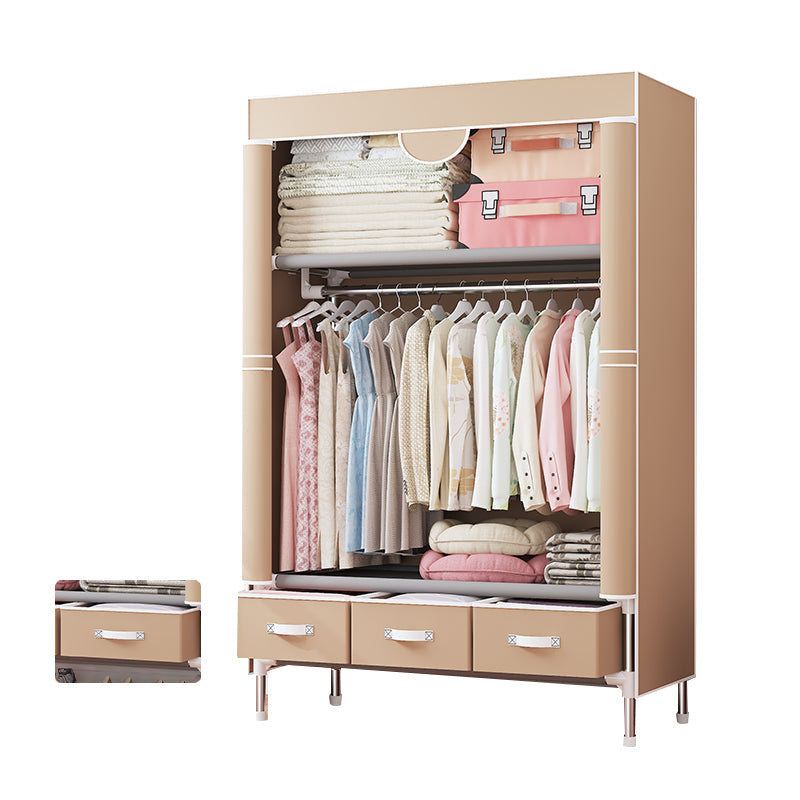 Modern Bedroom Wardrobe Armoire Steel Frame Wardrobe with Drawers 35"L x 18"W x 67"H Coffee Clearhalo 'Armoires & Wardrobes' 'armoires_wardrobes' 'Bedroom Furniture' 'furn' 'furn_armoires_wardrobes' 'Furniture' 5570273
