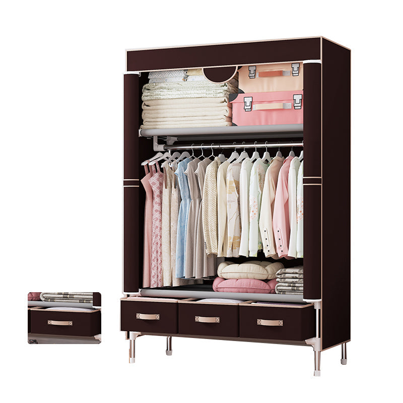 Modern Bedroom Wardrobe Armoire Steel Frame Wardrobe with Drawers 35"L x 18"W x 67"H Dark Coffee Clearhalo 'Armoires & Wardrobes' 'armoires_wardrobes' 'Bedroom Furniture' 'furn' 'furn_armoires_wardrobes' 'Furniture' 5570275