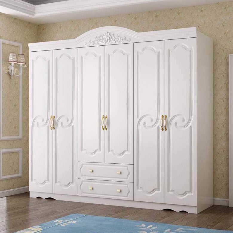 French Country Wardrobe Cabinet White Engineered Wood Wardrobe with 2 Drawers Clearhalo 'Armoires & Wardrobes' 'armoires_wardrobes' 'Bedroom Furniture' 'furn' 'furn_armoires_wardrobes' 'Furniture' 5570420