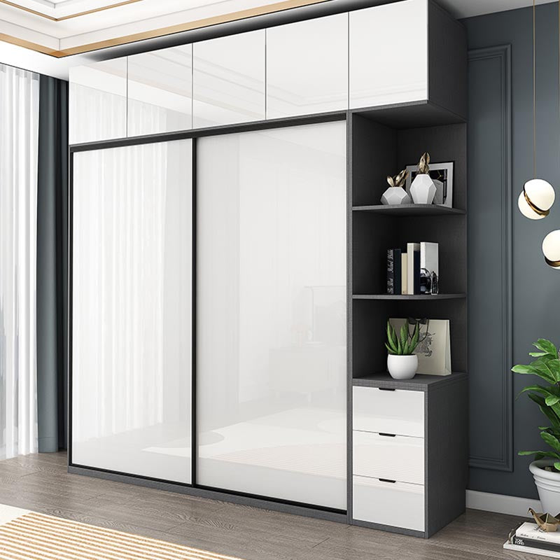 White Mirrored Finish Wardrobe Armoire Engineered Wood Wardrobe with Drawer Clearhalo 'Armoires & Wardrobes' 'armoires_wardrobes' 'Bedroom Furniture' 'furn' 'furn_armoires_wardrobes' 'Furniture' 5570527