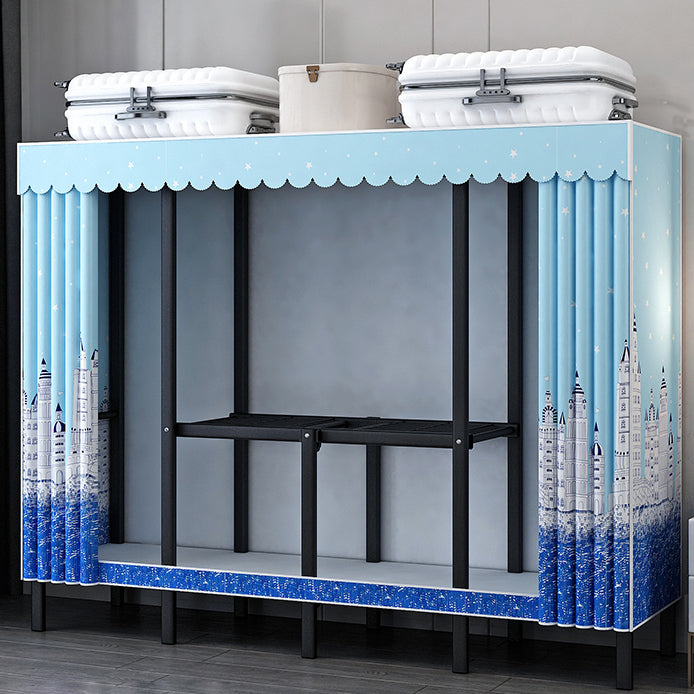 Black Steel Frame Wardrobe Armoire Contemporary Folding Wardrobe Cabinet 63"L x 19"W x 68"H Blue Clearhalo 'Armoires & Wardrobes' 'armoires_wardrobes' 'Bedroom Furniture' 'furn' 'furn_armoires_wardrobes' 'Furniture' 5570734