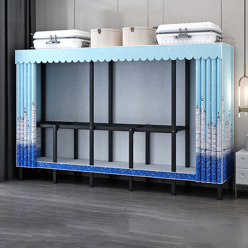Black Steel Frame Wardrobe Armoire Contemporary Folding Wardrobe Cabinet 79"L x 19"W x 68"H Blue Clearhalo 'Armoires & Wardrobes' 'armoires_wardrobes' 'Bedroom Furniture' 'furn' 'furn_armoires_wardrobes' 'Furniture' 5570736