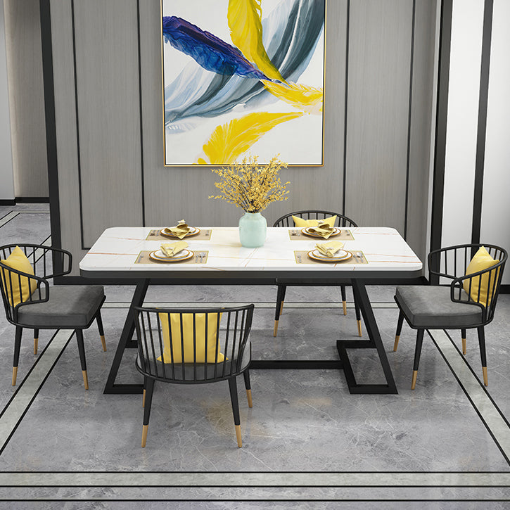 Modern 1/2/5/7 Pieces Dining Set White Stone Top Dining Furniture 5 Pieces: White-Gold Table, 4 Grey Chairs Clearhalo 'Dining Room Sets' 'Dining Tables & Seating' 'dining_room_set' 'furn' 'furn_dining_room_set' 'Furniture' 'Kitchen & Dining Furniture' 5571872