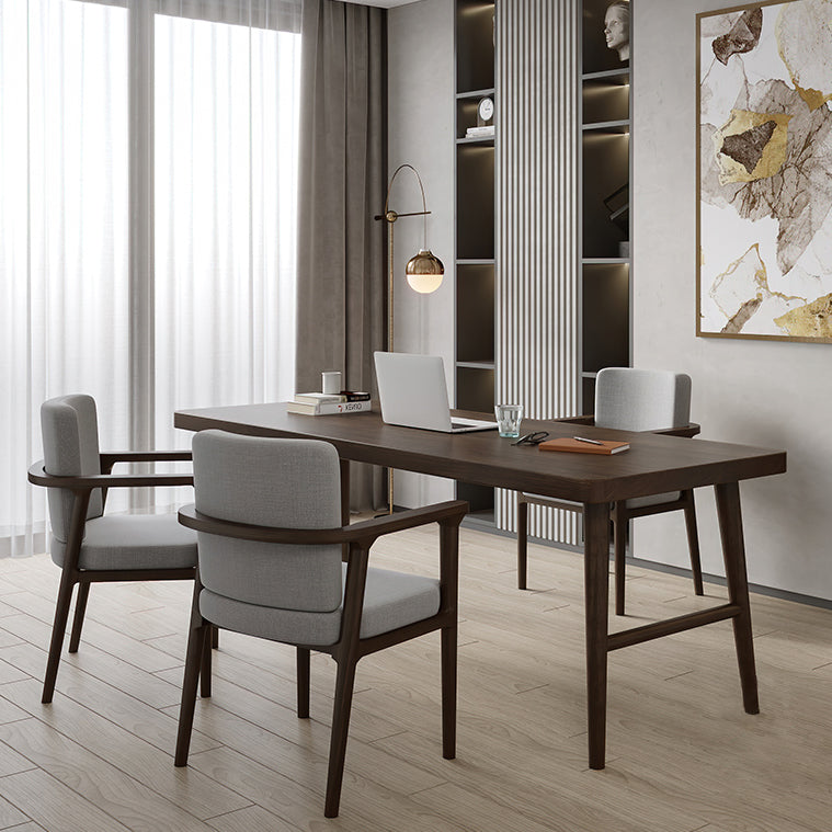 モダンな茶色のライティングデスクソリッドウッドH字型オフィスデスクホーム用