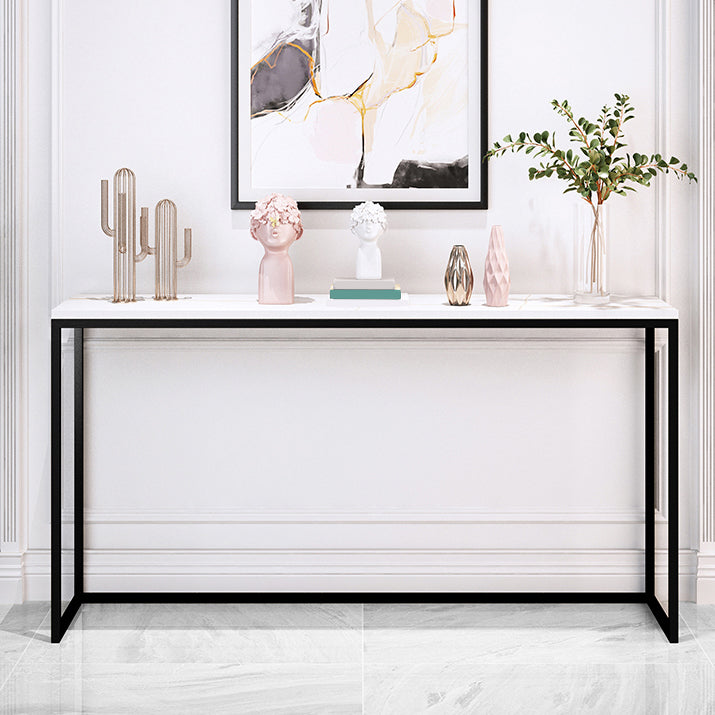 Scratch Resistant Marble Top Console Table with Black Steel Trestle Base 55.1"L x 11.8"W x 29.5"H White Clearhalo 'Console Tables' 'console_tables' 'Entry & Mudroom Furniture' 'furn' 'furn_console_tables' 'Furniture' 5574514