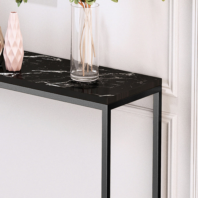Scratch Resistant Marble Top Console Table with Black Steel Trestle Base Clearhalo 'Console Tables' 'console_tables' 'Entry & Mudroom Furniture' 'furn' 'furn_console_tables' 'Furniture' 5574518
