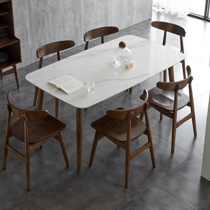 Stone Top Table Mid-Century Modern Dining Table with 4 Brown Wood Legs