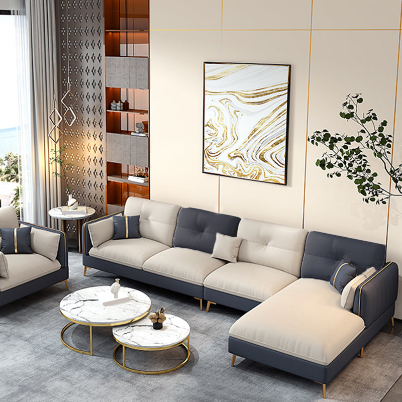 Scandinavian Stain-Resistant Faux Leather Tufted Back Beige Sofa & Chaise