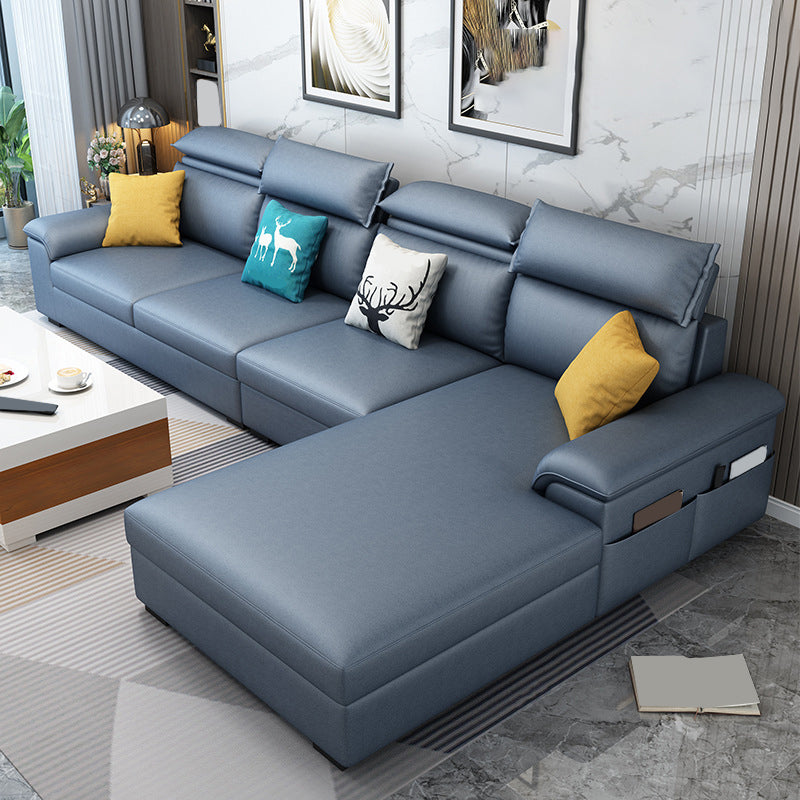 モダンスタイルのソファベッドソリッドウッドフレーム模倣レザービルトインアームレストソファ