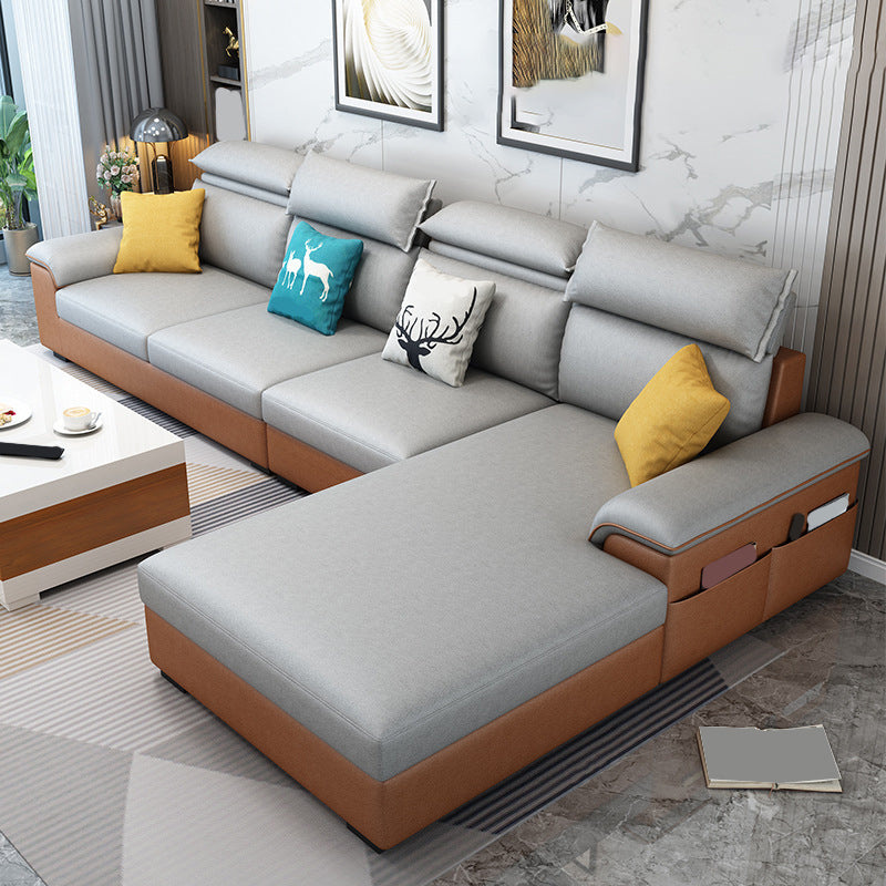 モダンスタイルのソファベッドソリッドウッドフレーム模倣レザービルトインアームレストソファ