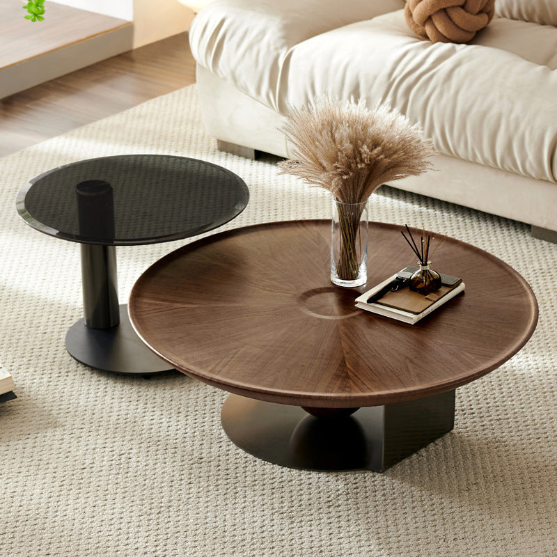 Modern Style Coffee Table with Square Block Base Design Round Glass/wood Table