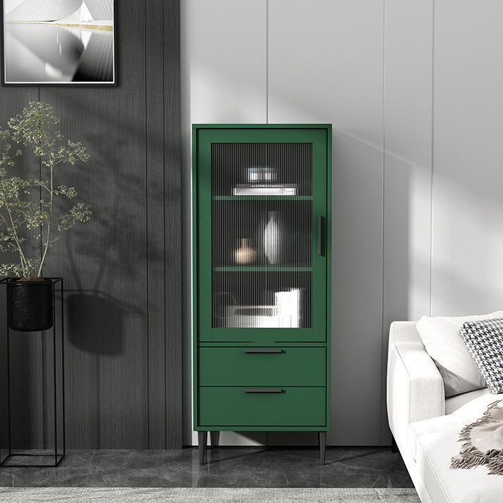 ガラスドアと4本の鋼の黒い脚を備えた木製のアクセントキャビネット