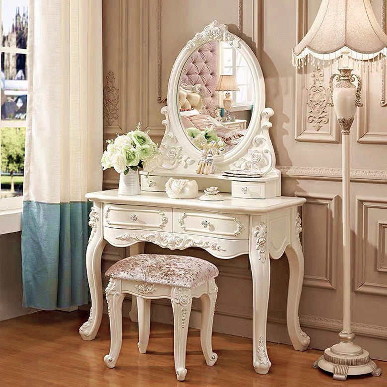 4 Drawers White/Blak/ /Golden MakeupTable Stool Set, 18.89" W x 63.77" H Clearhalo 'Bedroom Furniture' 'furn' 'furn_makeup_vanities' 'Furniture' 'Makeup Vanities' 'makeup_vanities' 5586874