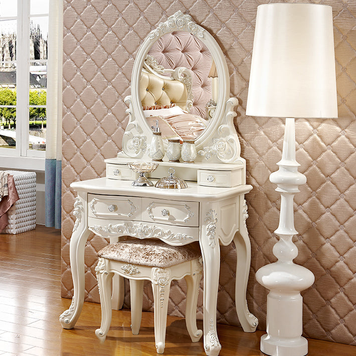 4 Drawers White/Blak/ /Golden MakeupTable Stool Set, 18.89" W x 63.77" H Clearhalo 'Bedroom Furniture' 'furn' 'furn_makeup_vanities' 'Furniture' 'Makeup Vanities' 'makeup_vanities' 5586878