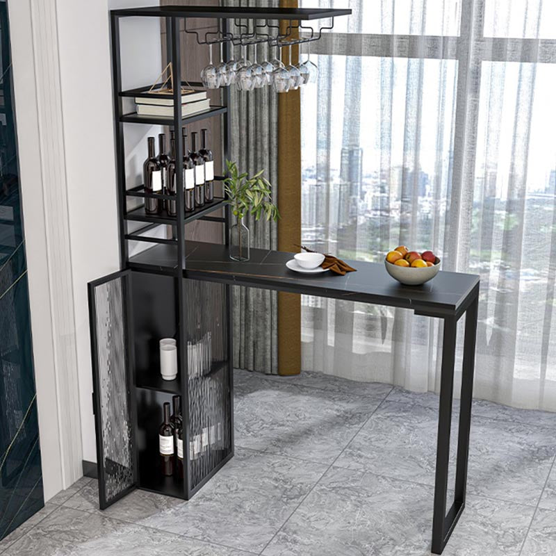 Glam Pub Table with Wine Storage Rectangle Stone Top Bar Table with Metal Frame 47.2"L x 15.7"W x 41.3"H Black Black Clearhalo 'Bar Furniture' 'Bar Tables' 'bar_tables' 'furn' 'furn_bar_tables' 'Furniture' 'Kitchen & Dining Furniture' 5587808