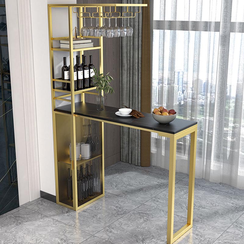 Glam Pub Table with Wine Storage Rectangle Stone Top Bar Table with Metal Frame 47.2"L x 15.7"W x 41.3"H Gold Black Clearhalo 'Bar Furniture' 'Bar Tables' 'bar_tables' 'furn' 'furn_bar_tables' 'Furniture' 'Kitchen & Dining Furniture' 5587809
