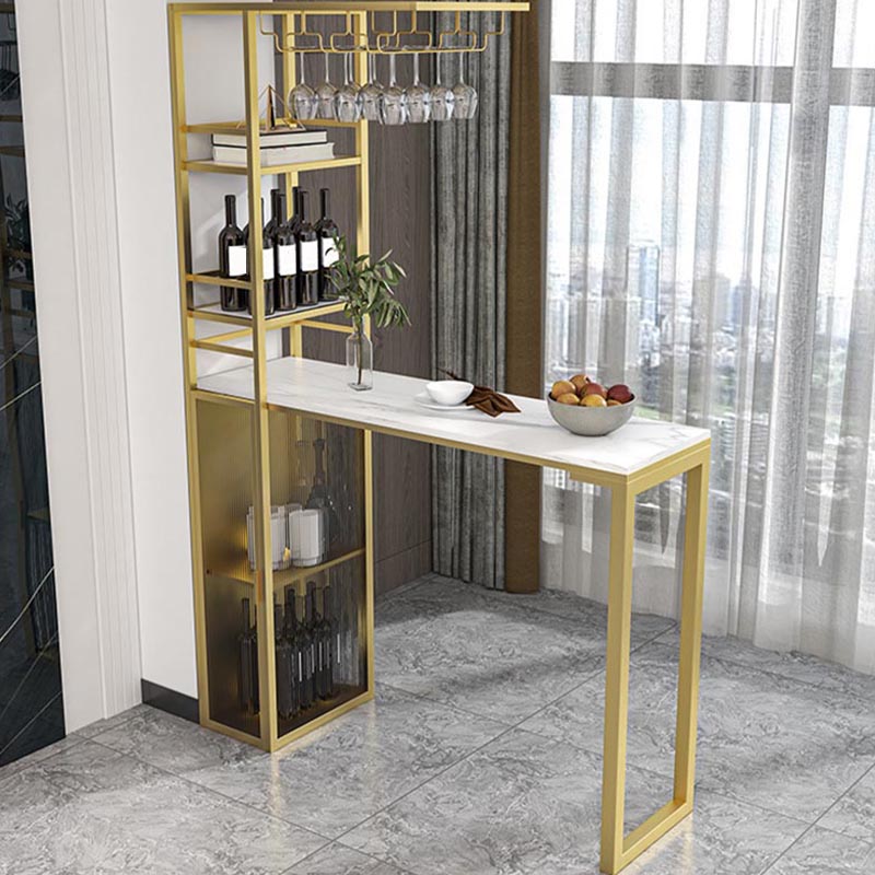 Glam Pub Table with Wine Storage Rectangle Stone Top Bar Table with Metal Frame Gold White Clearhalo 'Bar Furniture' 'Bar Tables' 'bar_tables' 'furn' 'furn_bar_tables' 'Furniture' 'Kitchen & Dining Furniture' 5587815
