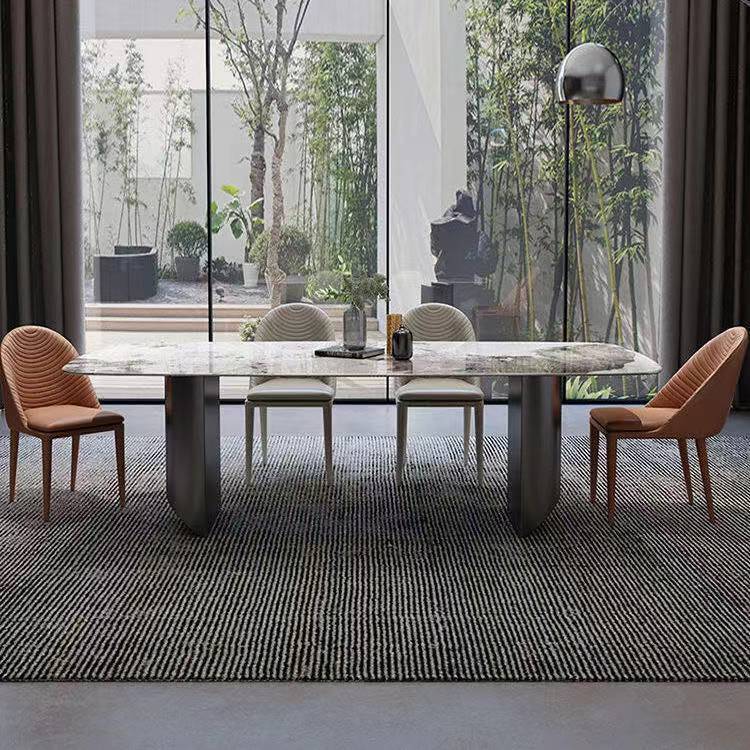 Modern Dining Set Stone 1/4/5/7 Pieces Dining Table with Leather Chairs for Indoor 5 Pieces: Table, 2 Orange+2 Beige Chairs Clearhalo 'Dining Room Sets' 'Dining Tables & Seating' 'dining_room_set' 'furn' 'furn_dining_room_set' 'Furniture' 'Kitchen & Dining Furniture' 5589025