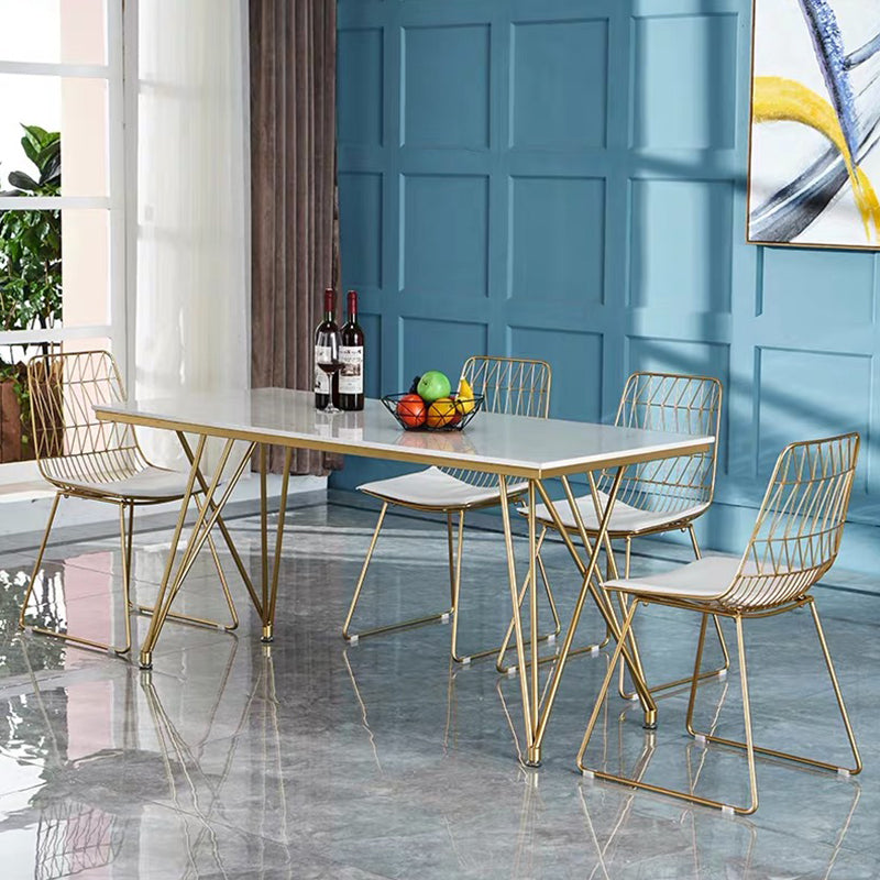 Glam 1/2/5 Pieces Dining Set Stone Top Dining Table with Chairs for Restaurant 5 Pieces: Table, 4 White Chairs Clearhalo 'Dining Room Sets' 'Dining Tables & Seating' 'dining_room_set' 'furn' 'furn_dining_room_set' 'Furniture' 'Kitchen & Dining Furniture' 5589055