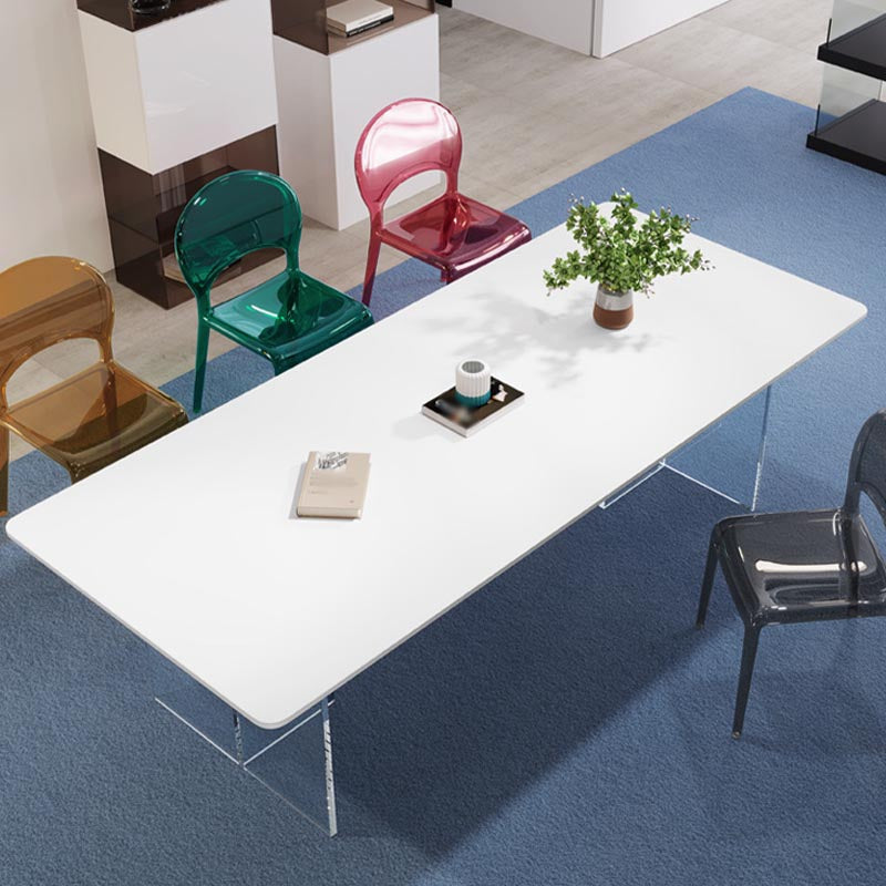 White Stone Top Dining Table Rectangle Contemporary Dining Table with Pedestal Base