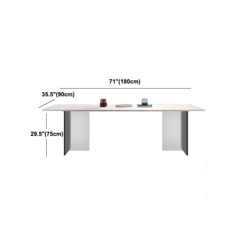 White Stone Top Dining Table Rectangle Contemporary Dining Table with Pedestal Base