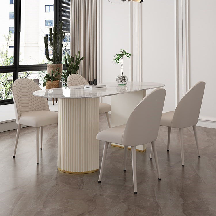 Contemporary Dining Table Stone Dining Table in White with Double Pedestal Oval 70.9"L x 31.5"W x 29.5"H Without Chairs Clearhalo 'Dining Tables & Seating' 'Dining Tables' 'dining_table' 'furn' 'furn_dining_table' 'Furniture' 'Kitchen & Dining Furniture' 5589345