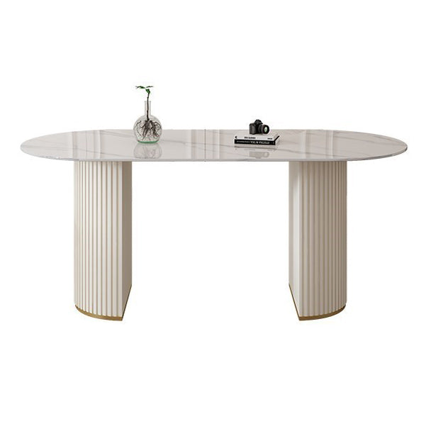 Contemporary Dining Table Stone Dining Table in White with Double Pedestal Oval Without Chairs Clearhalo 'Dining Tables & Seating' 'Dining Tables' 'dining_table' 'furn' 'furn_dining_table' 'Furniture' 'Kitchen & Dining Furniture' 5589346