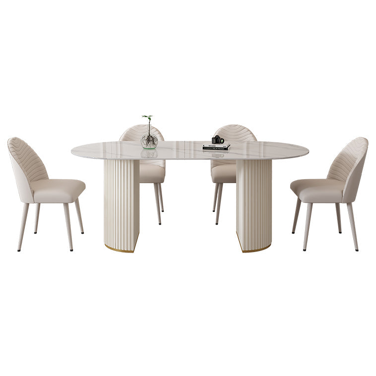 Contemporary Dining Table Stone Dining Table in White with Double Pedestal Clearhalo 'Dining Tables & Seating' 'Dining Tables' 'dining_table' 'furn' 'furn_dining_table' 'Furniture' 'Kitchen & Dining Furniture' 5589351